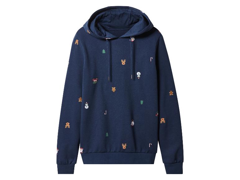 Donkerblauwe hoodie met kerstprints, waaronder rendieren, peperkoekmannetjes en kerstbomen.