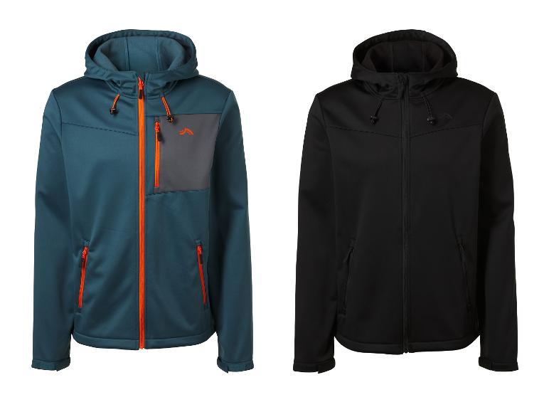 Twee heren softshell jassen met capuchon, één teal met oranje ritsen en één zwart.