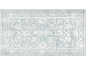 Rechthoekig vloerkleed met abstract bloemenpatroon en decoratieve rand, in blauwe en witte tinten.