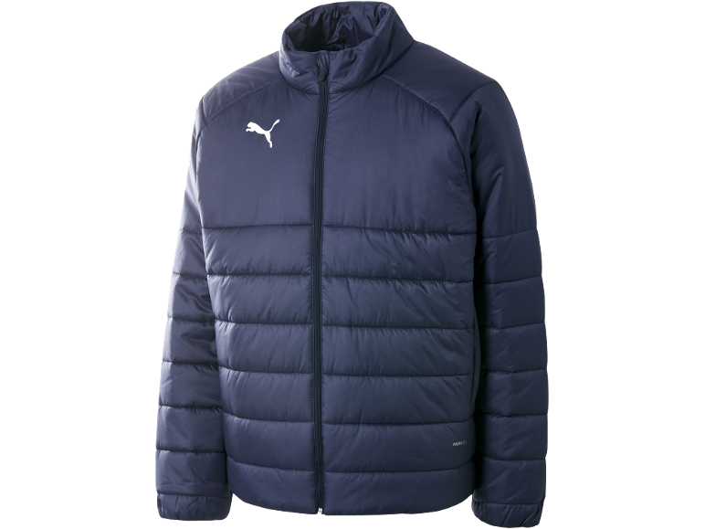 Donkerblauwe gewatteerde pufferjas met opstaande kraag en een klein wit logo op de borst.