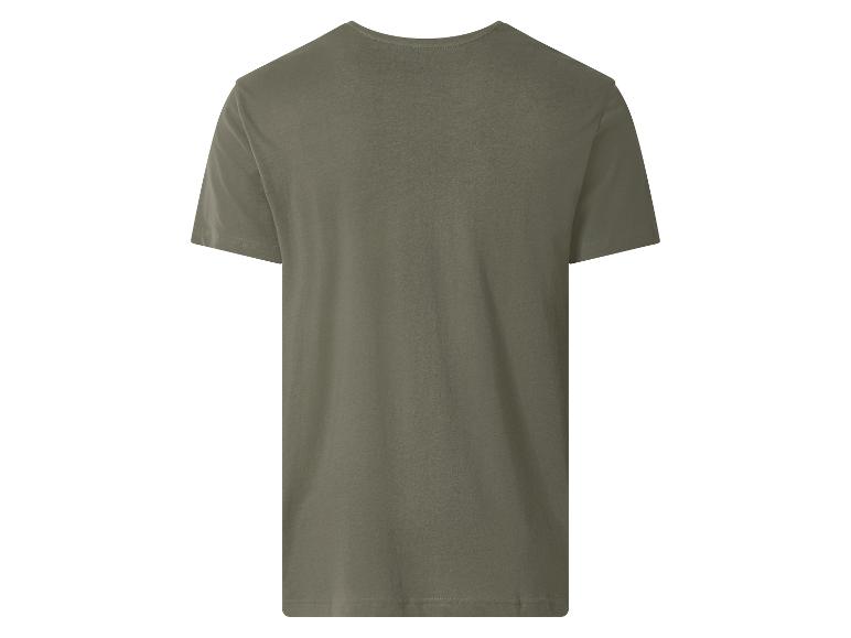 Achterkant van een olijfgroen T-shirt met korte mouwen voor heren.