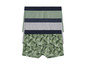 Drie boxershorts: één met tropische print, één grijs en één groen.