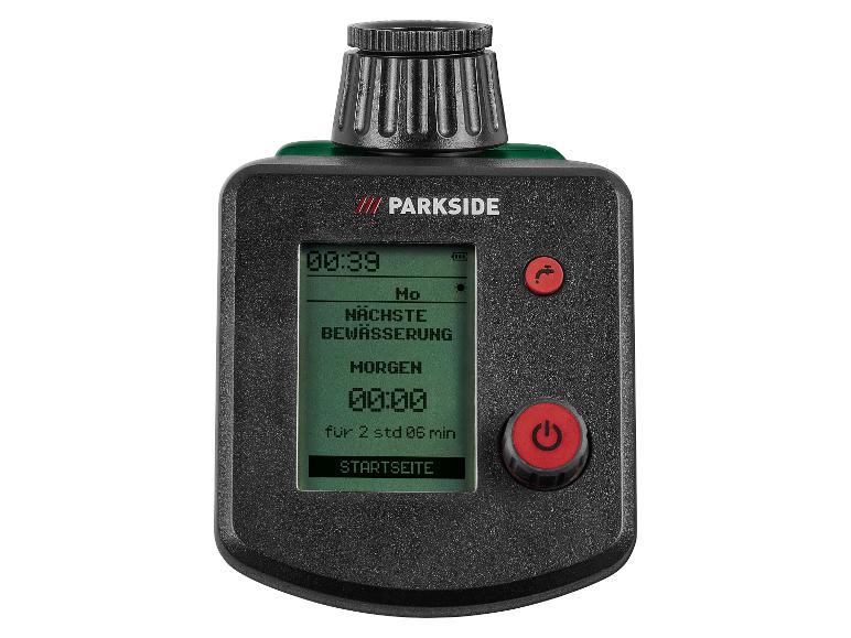 PARKSIDE bewateringscomputer met digitaal display dat de volgende irrigatie toont.