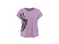Lila dames T-shirt met korte mouwen en een zwart luipaardprintpatroon.