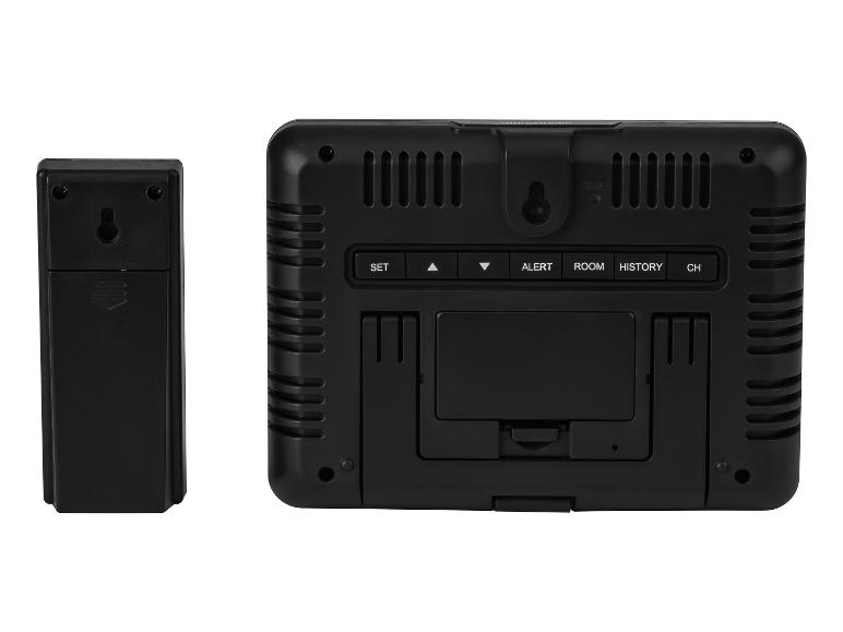 Zwarte digitale thermometer en externe sensor, achteraanzicht