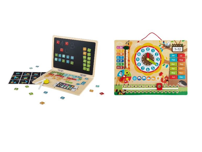 Houten educatieve laptop en kalender met klok voor kinderen.