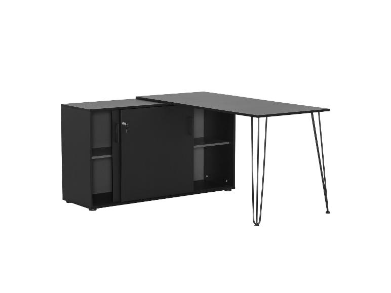 Zwart L-vormig bureau met opbergruimte en haarspeldpoten.
