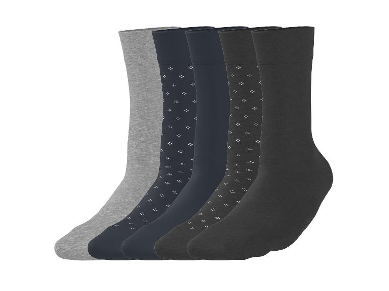 Set van vijf paar herensokken in grijs- en marineblauwtinten, effen en met patroon.