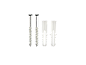 Twee zilveren metalen schroeven naast twee witte plastic pluggen.