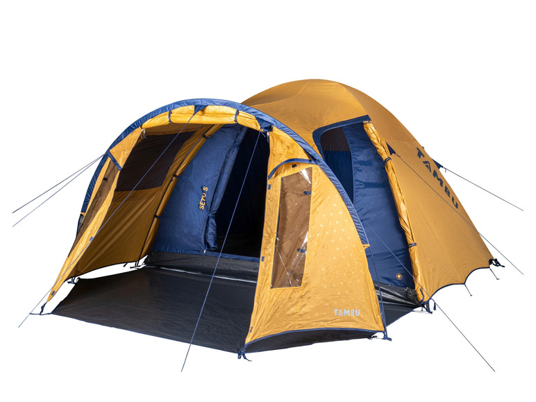 Een gele Tambu Setu 5 tent met een opzetbare luifel.