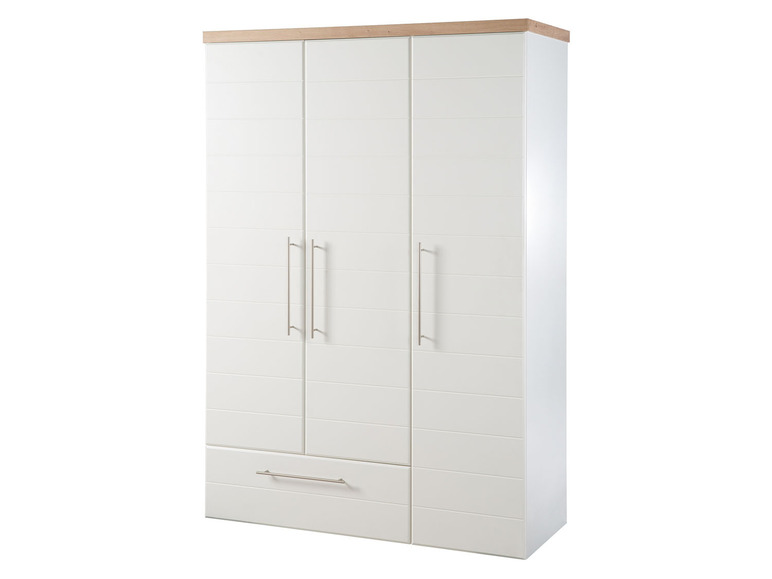 Witte kledingkast met twee deuren en een lade.