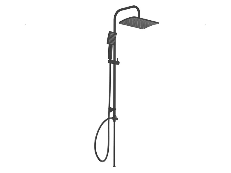 Een zwarte doucheset met een grote regendouche en een handdouche.