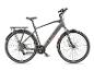 Grijze elektrische fiets met bagagedrager en spatborden op een witte achtergrond.