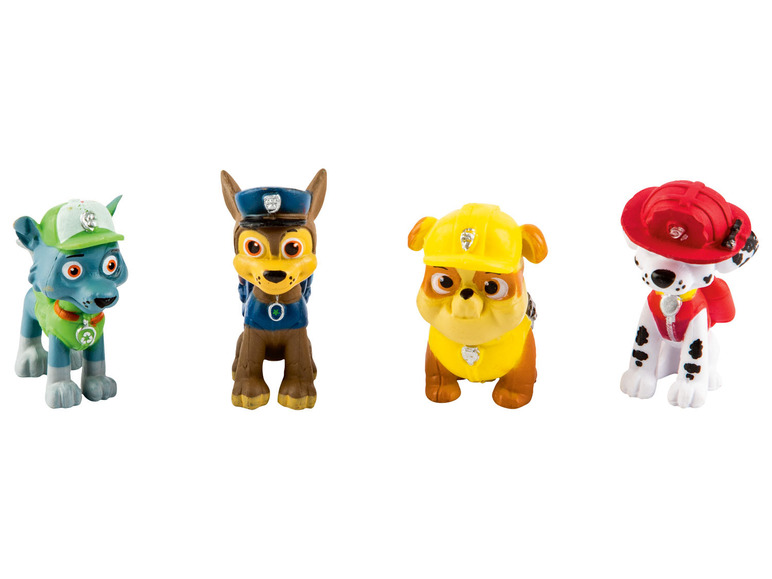 Vier Paw Patrol figuren: Chase, Marshall, Rubble en Rocky.