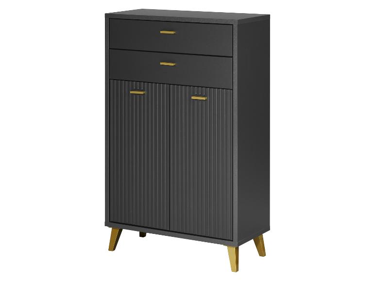 Een donkergrijze kast met gouden handgrepen en poten.