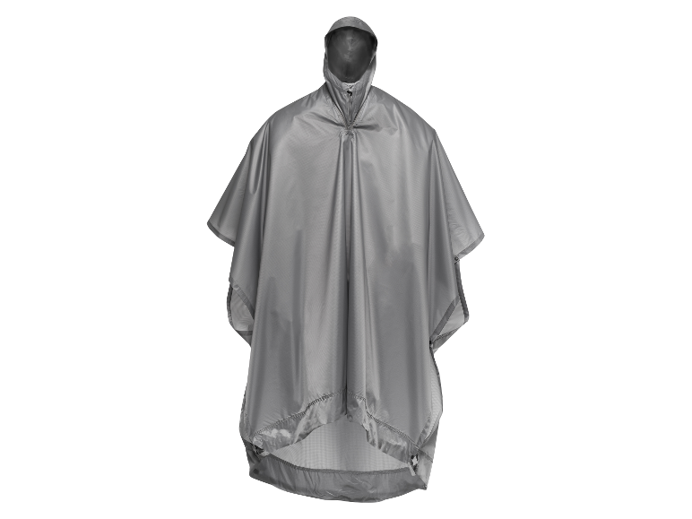 Grijze regenponcho met capuchon.