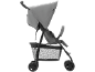 Grijze lichtgewicht kinderwagen met zonnekap en opbergmand.