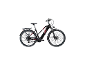 Zwarte elektrische fiets met rode accenten en bagagedrager.