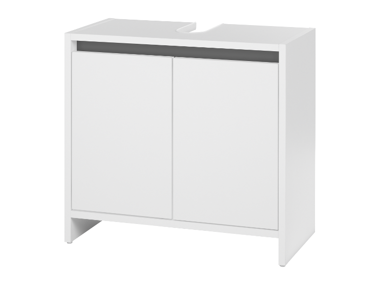 Een wit badkamerkastje met twee deuren.