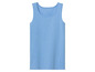 Een blauwe tanktop met witte stippen.