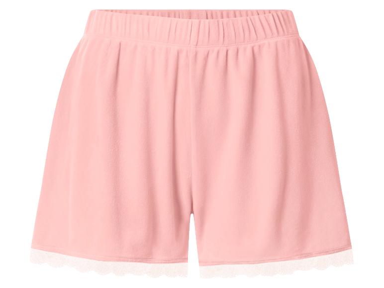 Roze dames shorts met elastische tailleband en witte kanten rand.