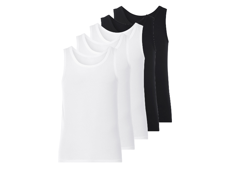 Drie witte en twee zwarte tanktops.