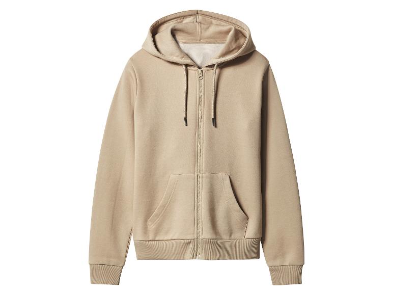 Een beige hoodie met rits en trekkoorden, van voren op een witte achtergrond.