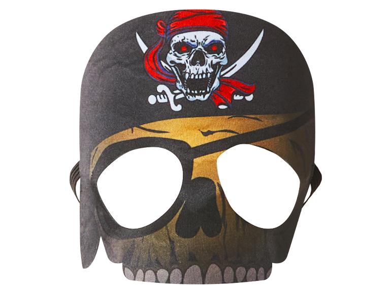 Piratenmasker met schedel en ooglap, met een schedelmotief met rode bandana en gekruiste sabels.
