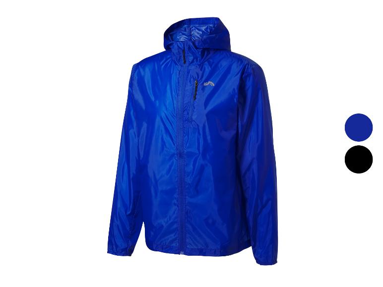 Blauwe regenjas met capuchon, met twee kleurcirkels ernaast.