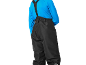 Zwarte skibroek voor heren met bretels en een blauw thermoshirt.