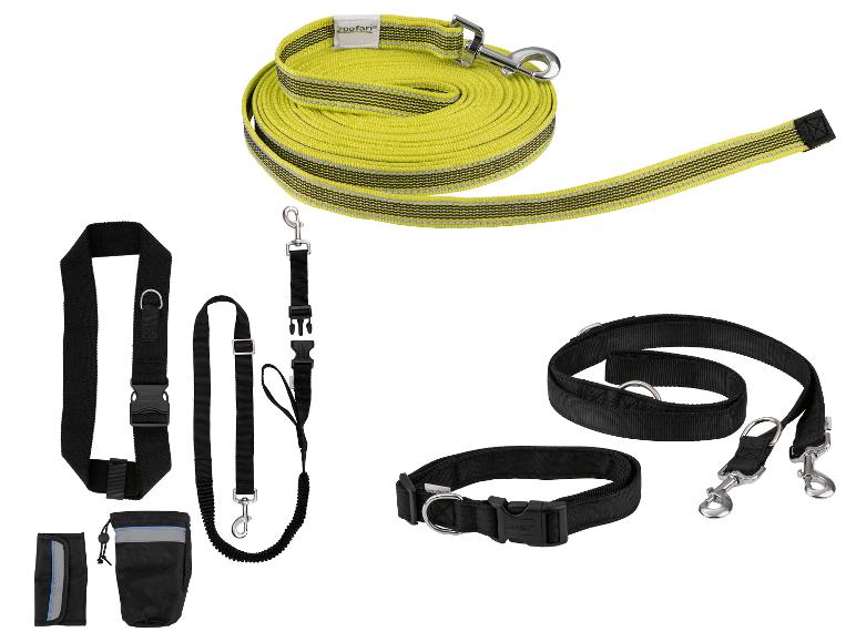 Reflecterende limoengroene hondenriem, zwarte halsband en andere hondenaccessoires.