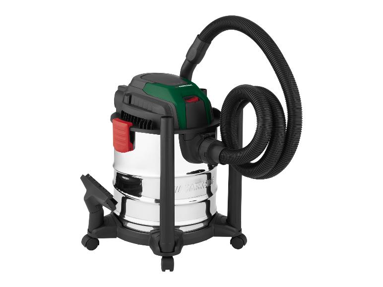 Parkside nat- en droogzuiger met slang en accessoires, op een witte achtergrond.