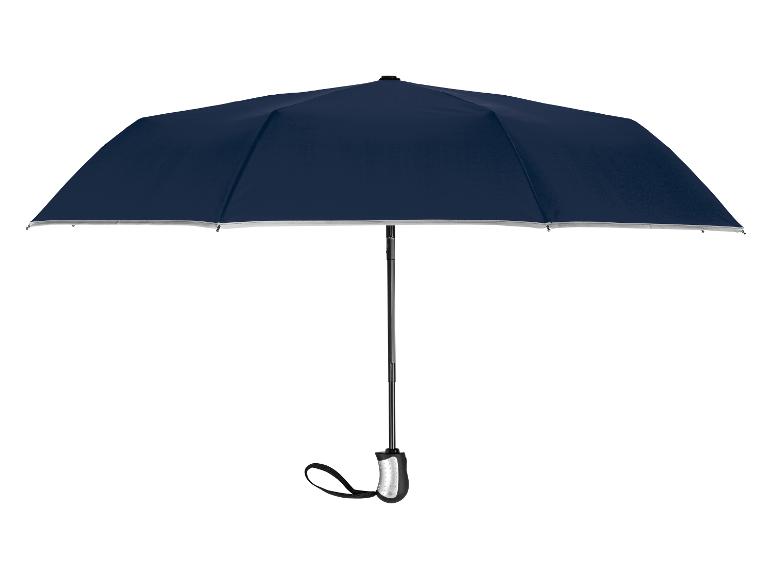 Open marineblauwe paraplu met zilveren rand en zwart handvat
