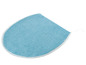Een blauwe badmat met een witte rand.