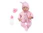 Babypop in roze pyjama en jasje met speen en fles.