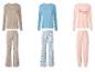 Drie pyjamasets: beige met bloemenbroek, blauw met patroonbroek, roze met 'The Dream Club'.
