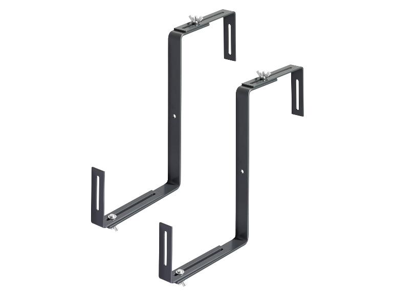 Twee donkergrijze metalen beugels met verstelbare schroeven voor montage.