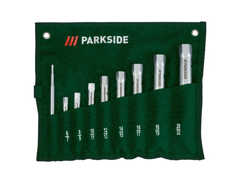 Set van 8 buissleutels met draaistang in een groen etui, maten van 6 tot 22 mm.