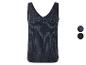 Een donkerblauw, glitterend tanktop met V-hals.