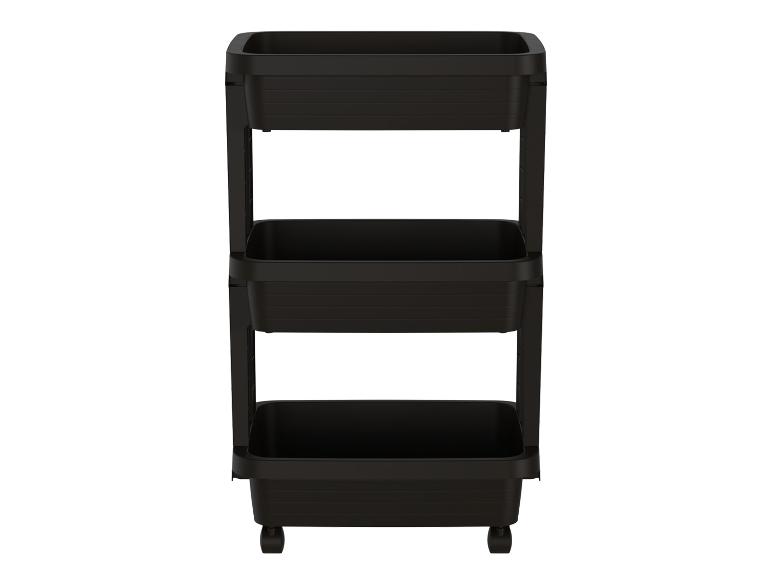 Een zwarte, drielagige opbergwagen met wielen.