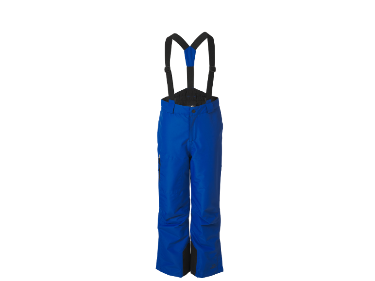 Blauwe skibroek met zwarte bretels, ideaal voor wintersport.