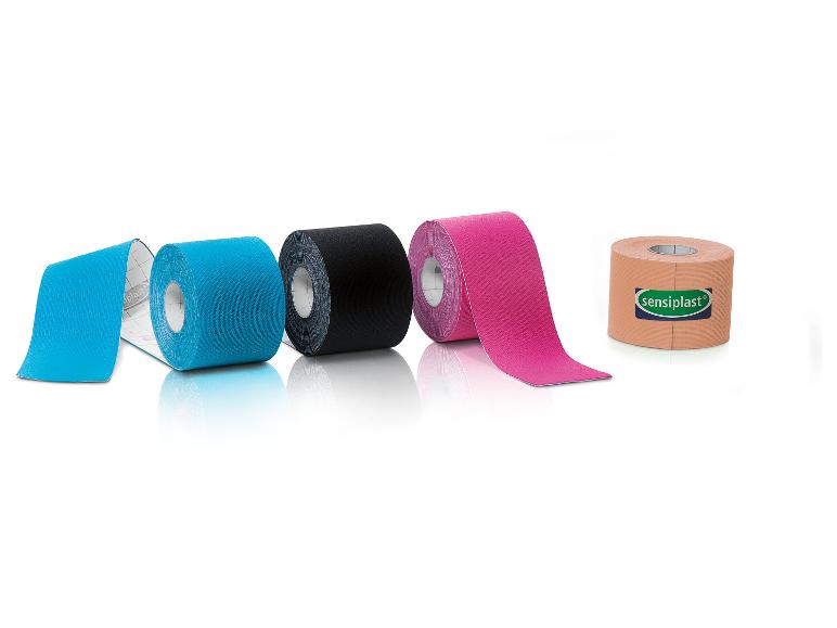 Rollen Sensiplast kinesiotape in blauw, zwart, roze en beige.
