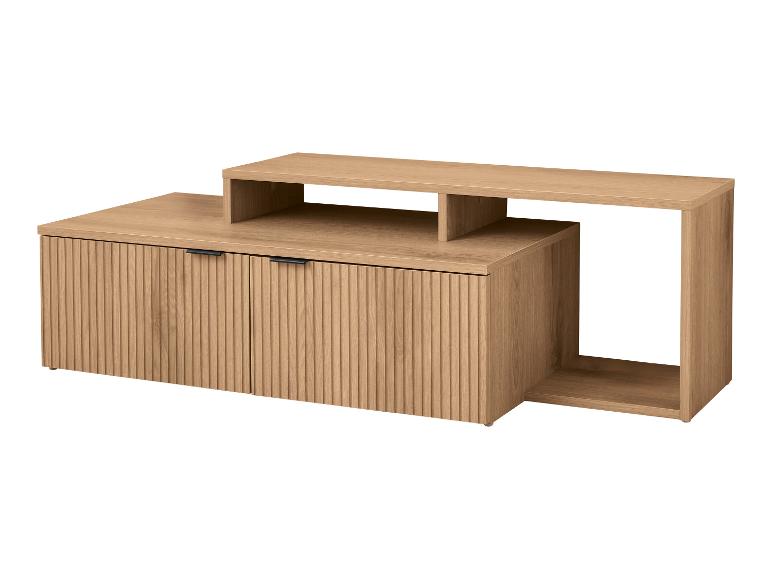Licht houten tv-meubel met twee geribbelde kastdeuren en open schapontwerp.