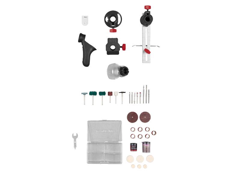 Een set accessoires voor roterend gereedschap, inclusief slijpschijven, boren en polijstwielen.