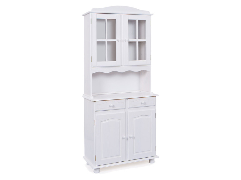 Witte houten dressoir met glazen deuren en lades.