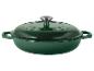 Groene gietijzeren braadpan met deksel en zilverkleurige knop