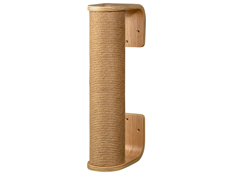 Een kattenkrabpaal met een touwomhulsel, bevestigd aan de muur.