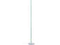 Een hoge, slanke, witte vloerlamp met groen LED-licht.