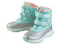 Twee paar blauwe winterschoenen met bloemenprint.