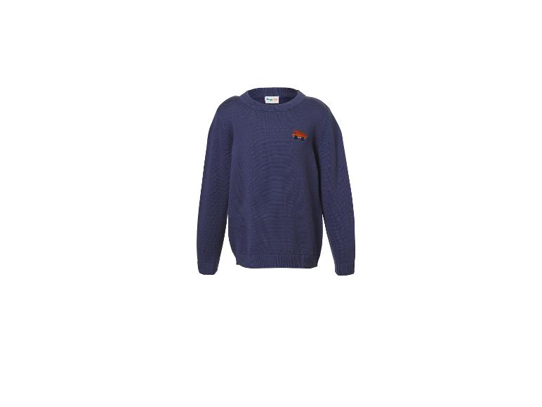 Donkerblauwe kinderpullover met een oranje vrachtwagenmotief.